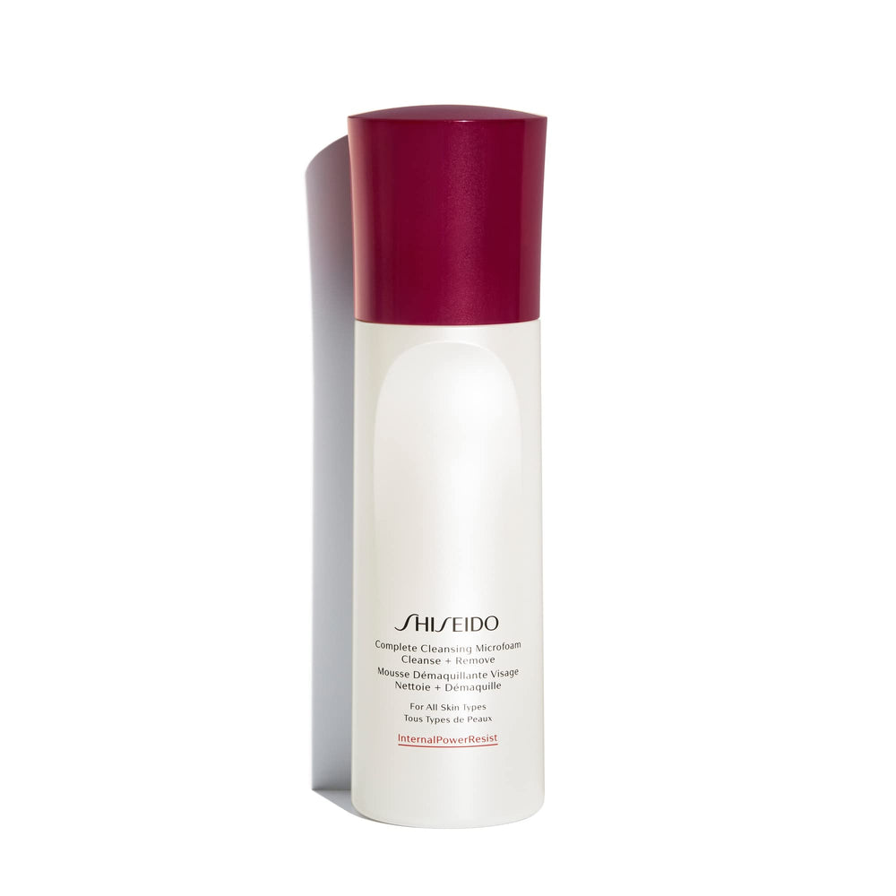Shiseido Microfoam front packaging showing product name and 180 mL size, clear branding and presentation benefit