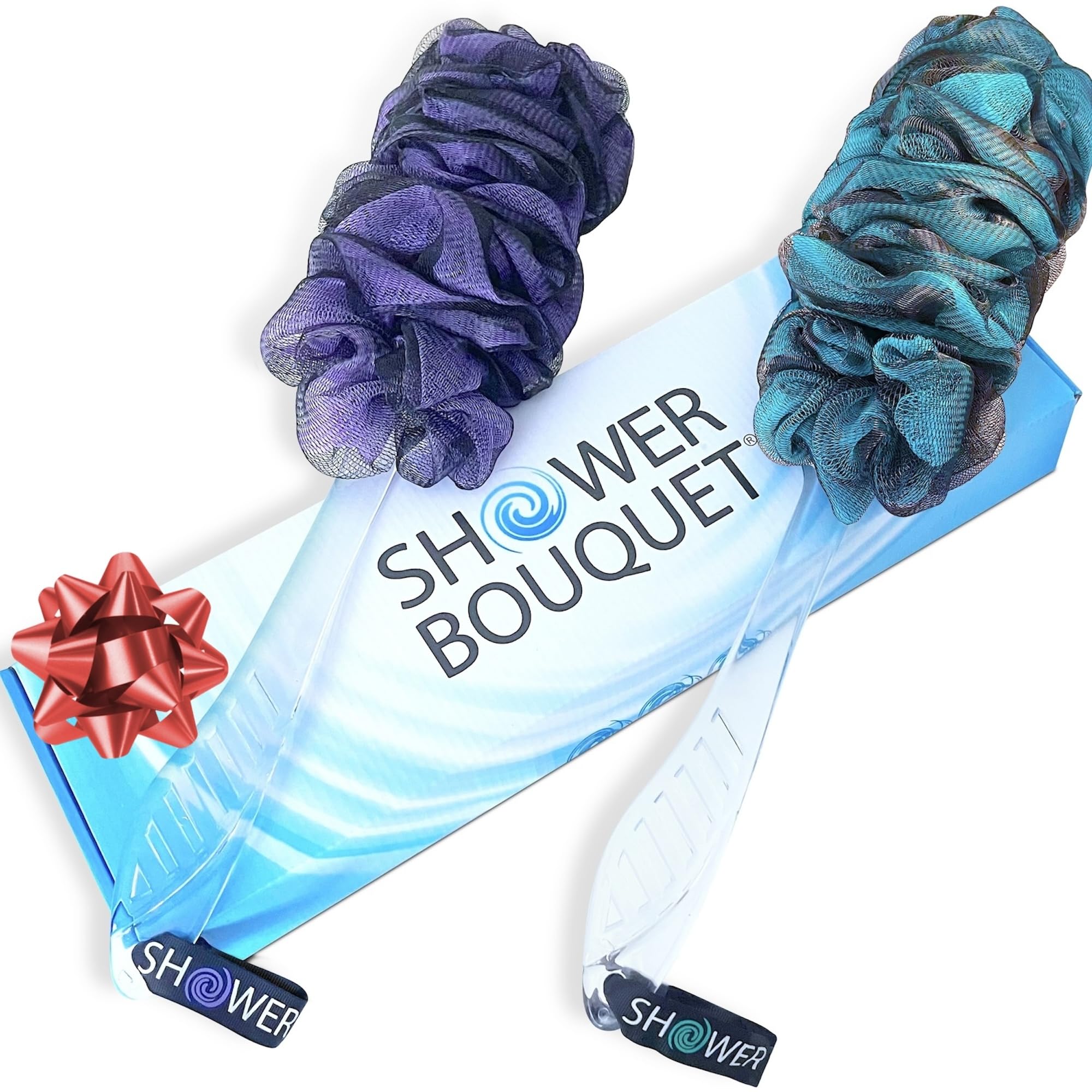 Shower Bouquet charcoal loofahs front packaging showing set and benefits