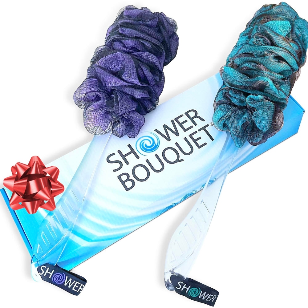 Shower Bouquet charcoal loofahs front packaging showing set and benefits