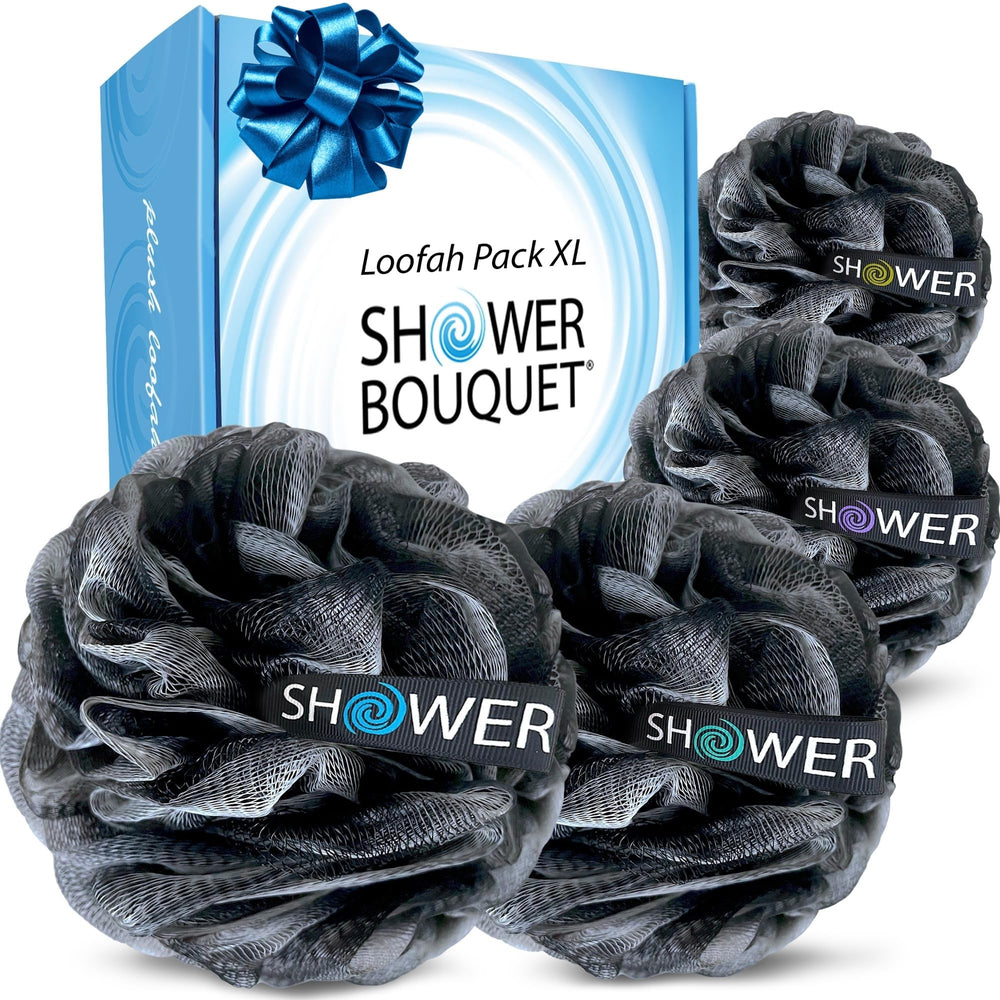 Shower Bouquet front pack view showing four charcoal loofahs and value set benefit