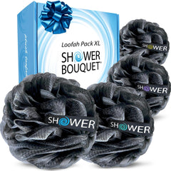 Shower Bouquet front pack view showing four charcoal loofahs and value set benefit