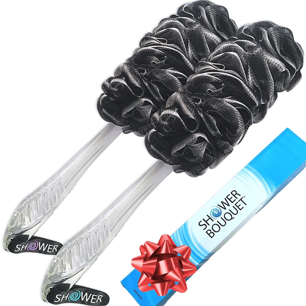 Shower Bouquet front packaging showing two long-handled loofahs and benefits