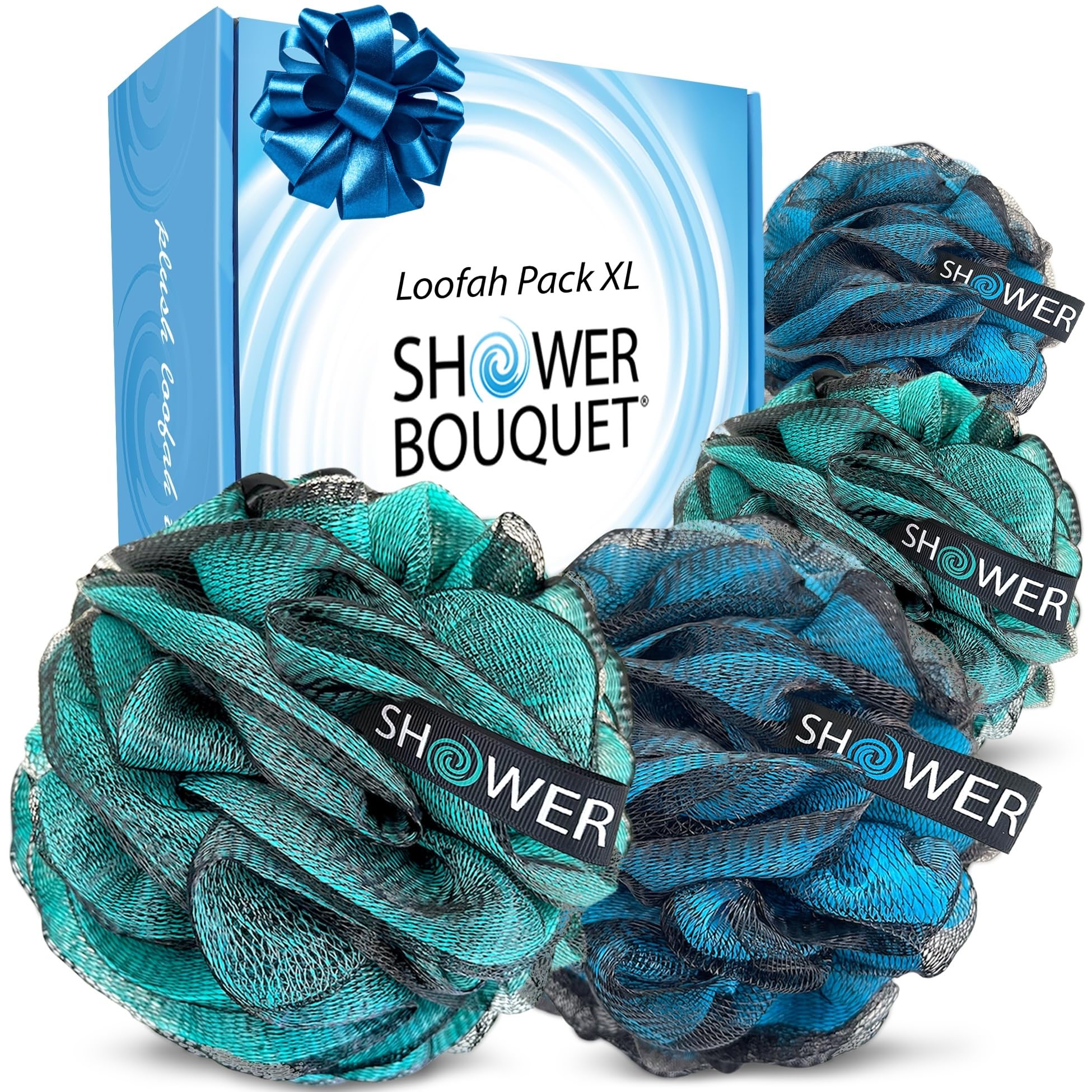 Shower Bouquet front packaging showing four XL charcoal loofahs, convenient family value