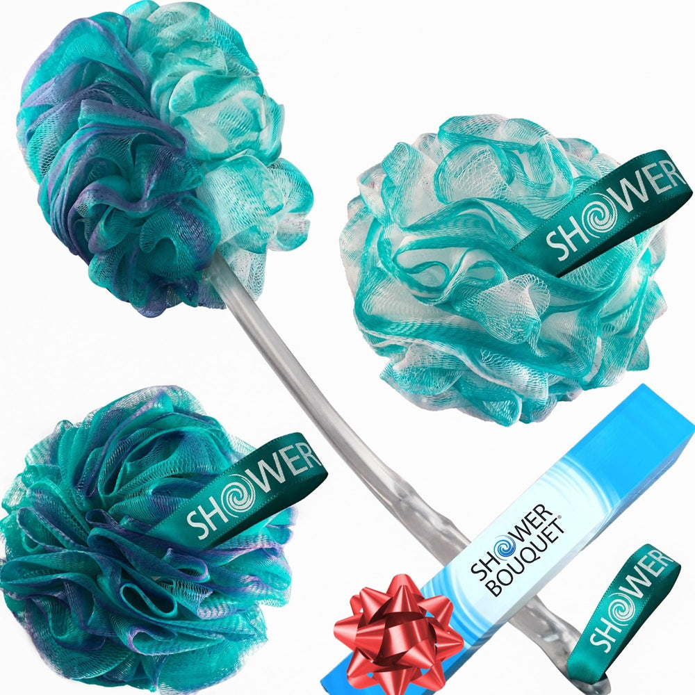 Shower Bouquet front packaging showing complete back-scrubber set and benefits