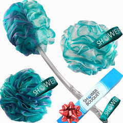 Shower Bouquet front packaging showing complete back-scrubber set and benefits