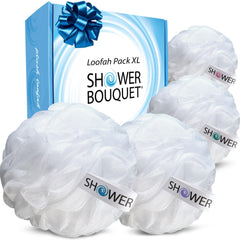 Shower Bouquet front packaging showing four white 75g poufs, clear value