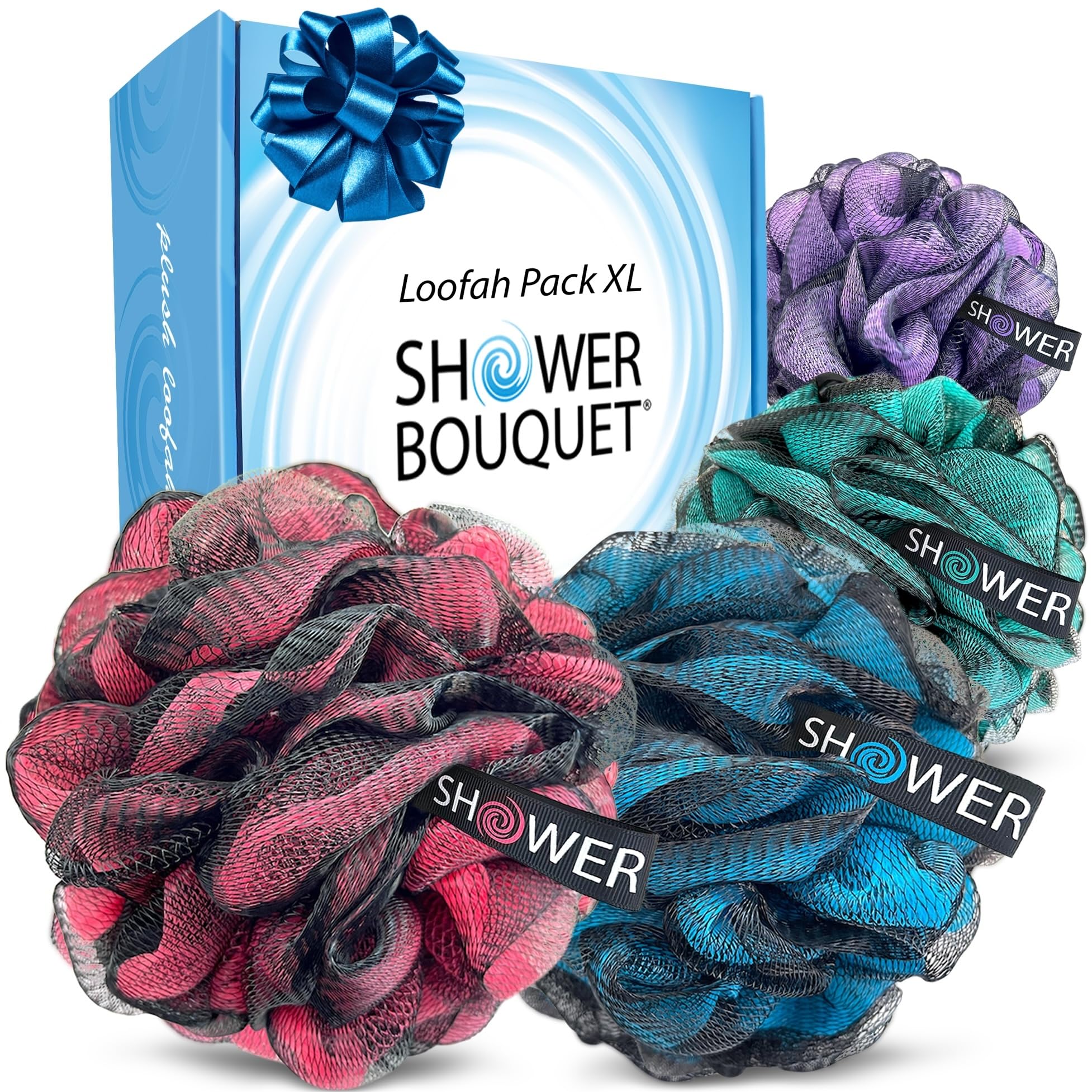 Shower Bouquet front packaging showing four extra-large poufs and branding, highlights value