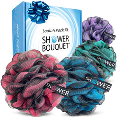 Shower Bouquet front packaging showing four extra-large poufs and branding, highlights value