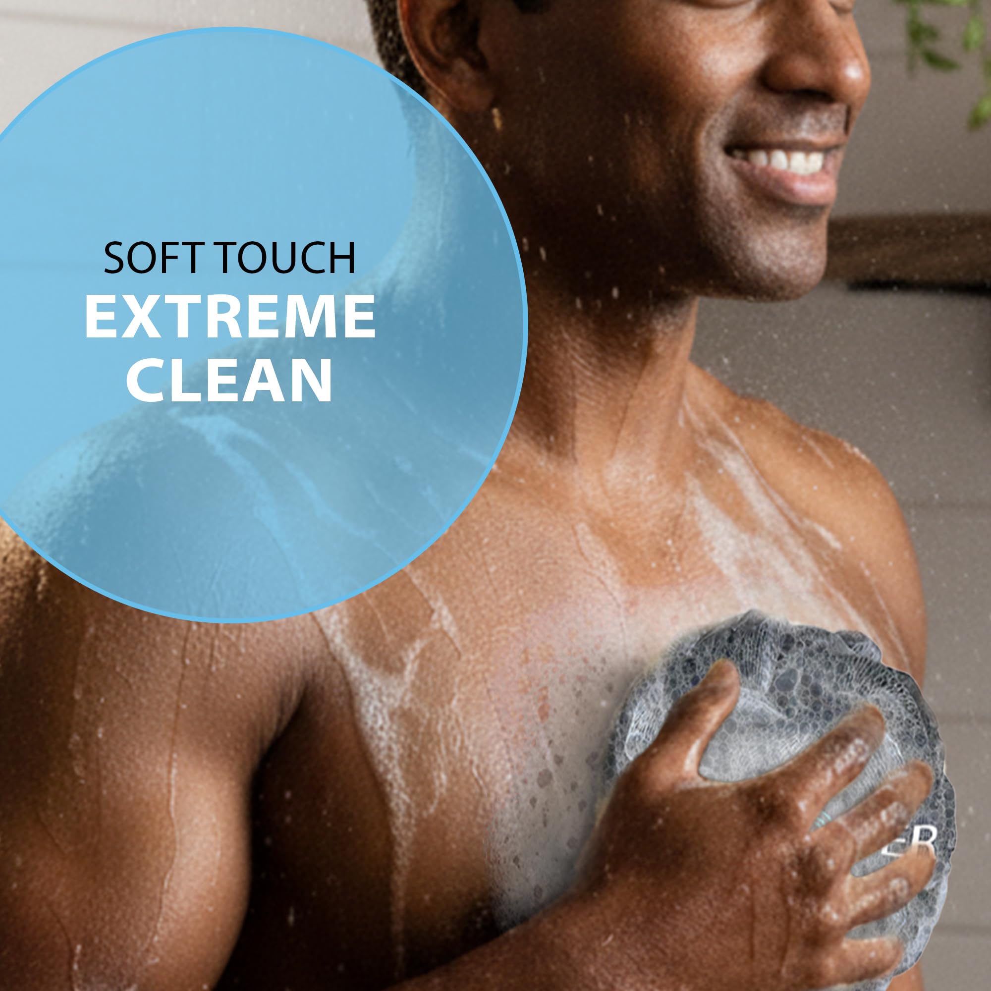 Shower Bouquet loofah in hand showing extra-large size and coverage benefit