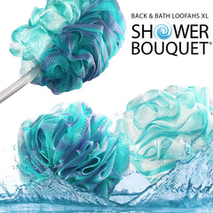 Shower Bouquet in-use back scrub illustrating extended reach and even cleaning
