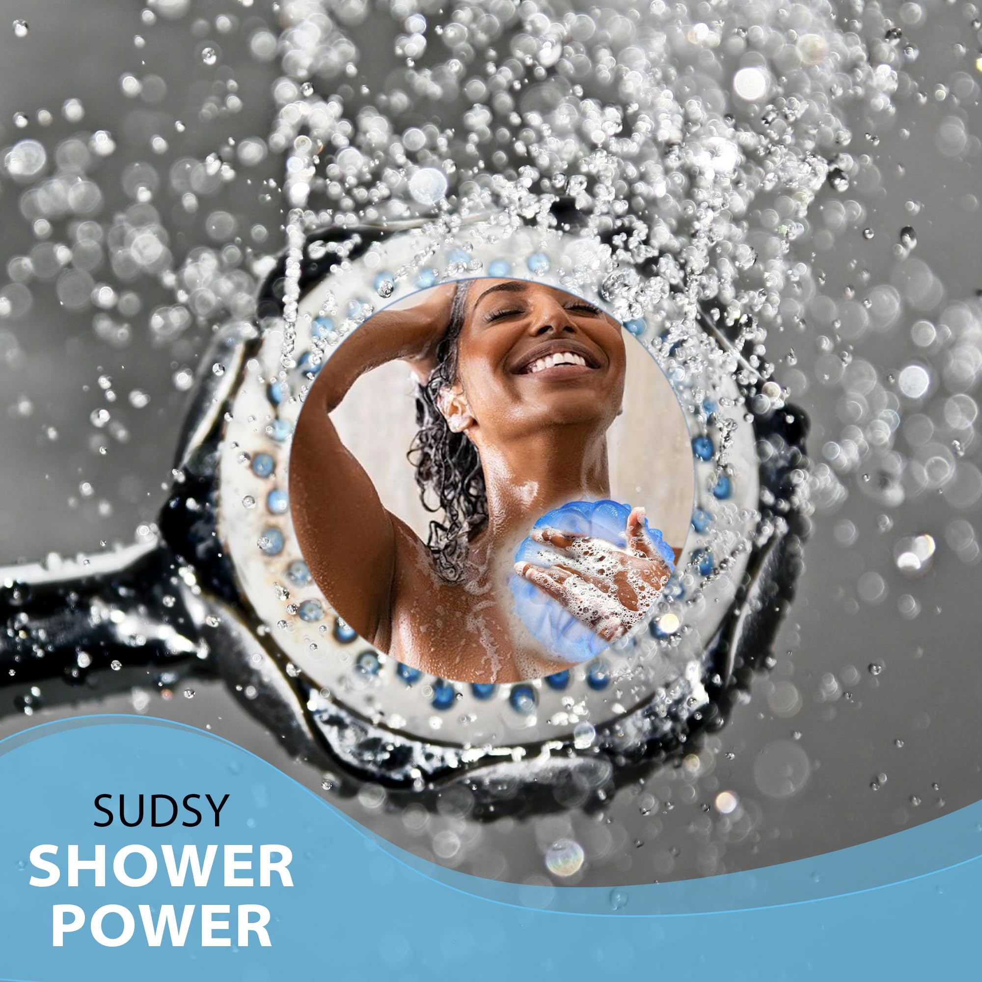 Shower Bouquet in use creating thick suds with less body wash for efficient cleansing