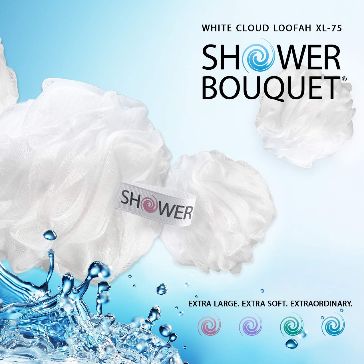 Shower Bouquet lifestyle bathroom setup with hanging poufs, easy drying benefit