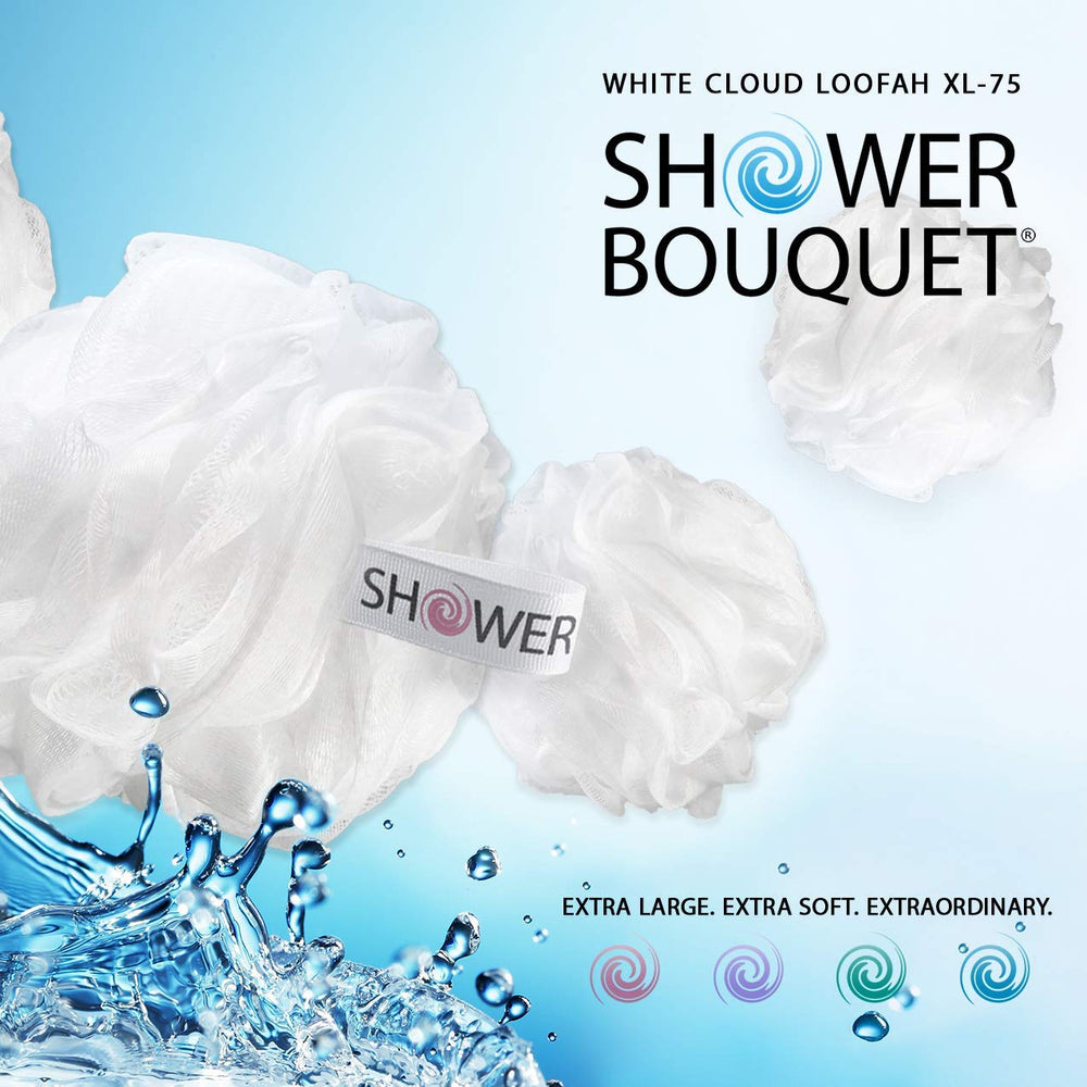Shower Bouquet lifestyle bathroom setup with hanging poufs, easy drying benefit