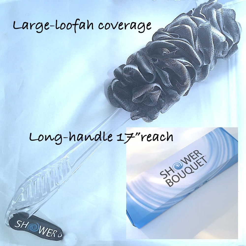 Shower Bouquet puffs in hand showing comfortable grip and generous foam capacity