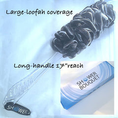 Shower Bouquet puffs in hand showing comfortable grip and generous foam capacity