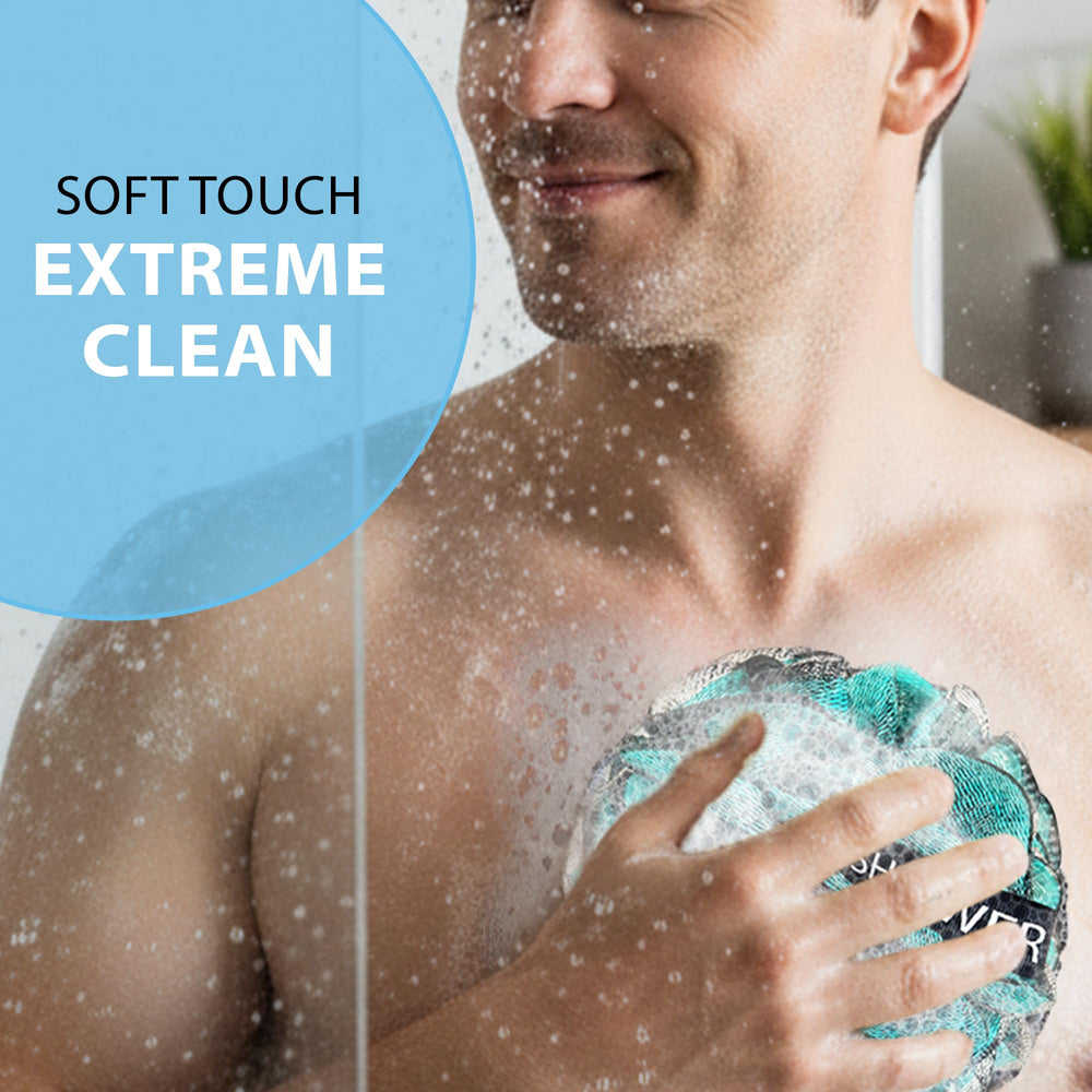 Shower Bouquet loofah held in hand to show extra-large size and full-body coverage