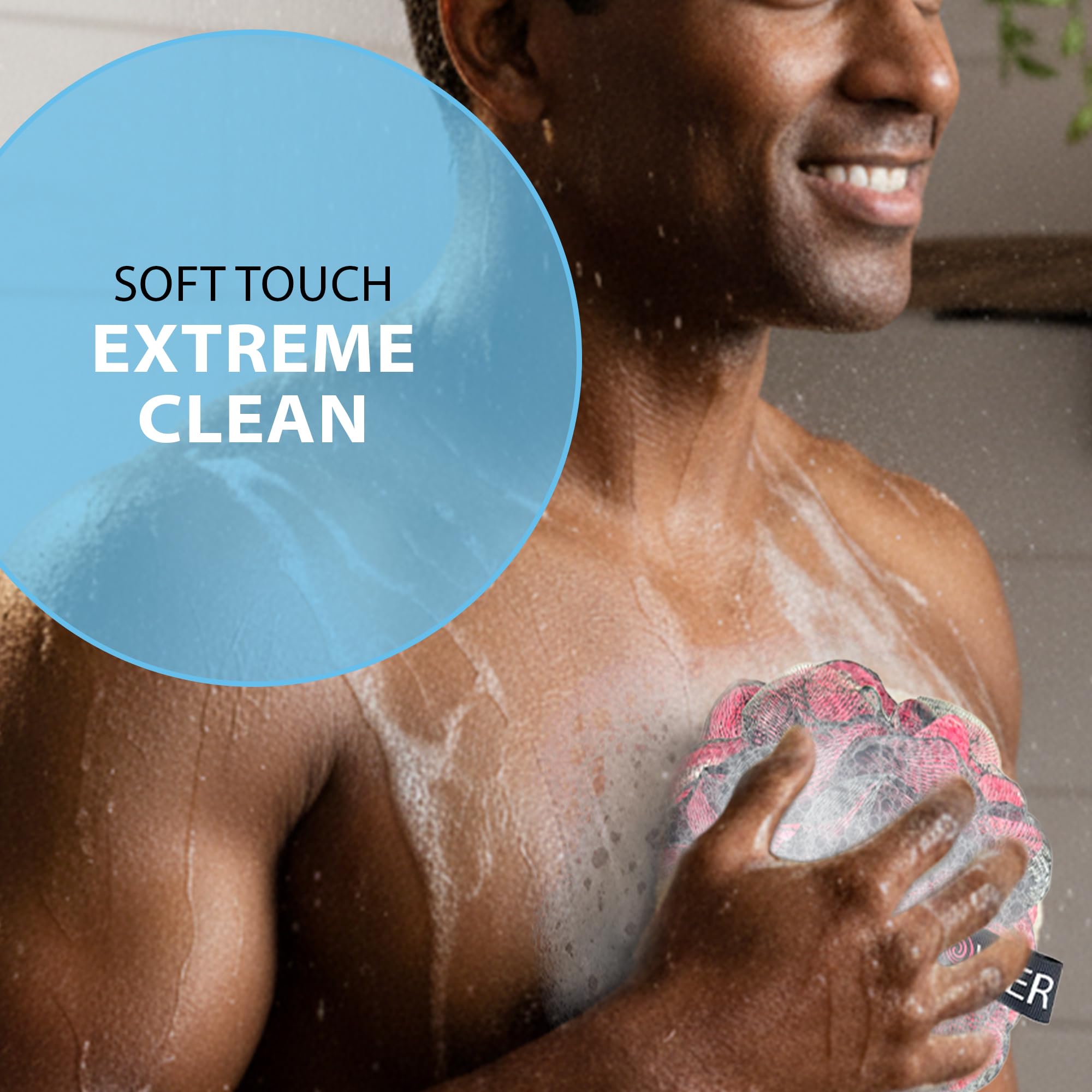 Shower Bouquet size comparison in hand demonstrating extra-large 75g pouf coverage for quick lather