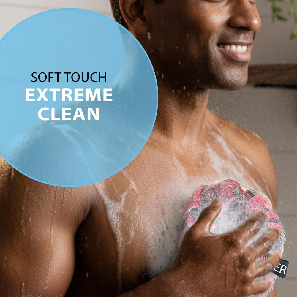 Shower Bouquet size comparison in hand demonstrating extra-large 75g pouf coverage for quick lather