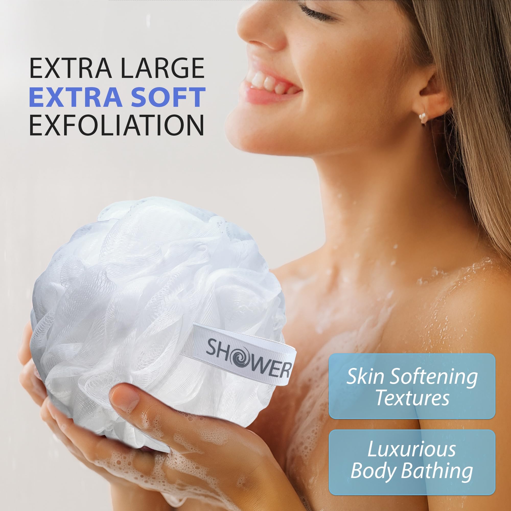 SHOWER BOUQUET close-up of soft PE mesh texture, highlights gentle exfoliation
