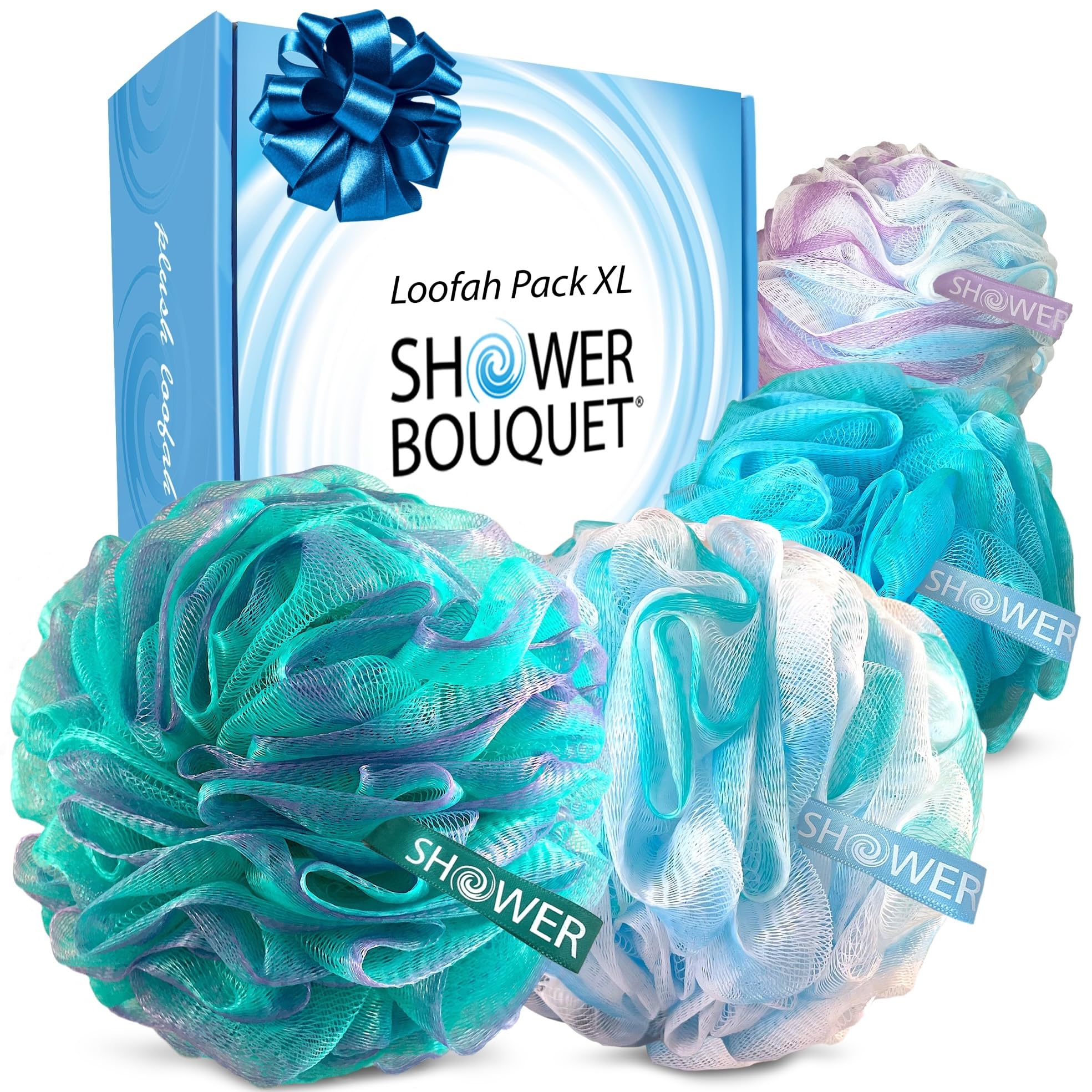 Shower Bouquet front packaging showing four extra-large poufs and color mix, helpful for gifting