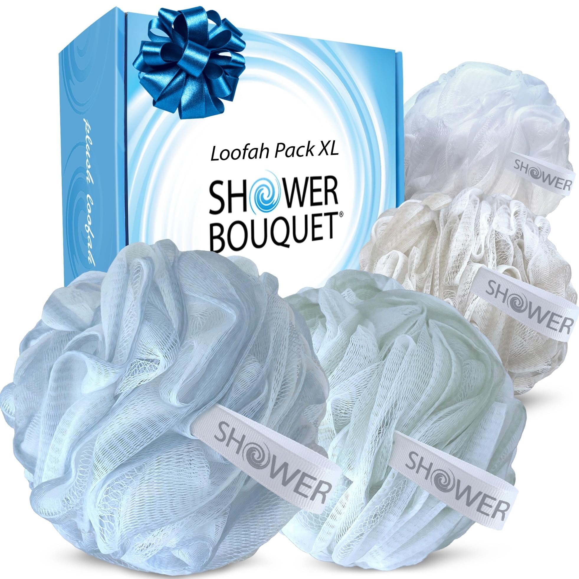 SHOWER BOUQUET front view of four pastel XL loofahs, shows value and colors