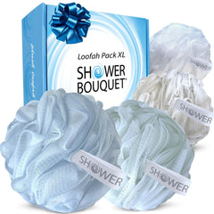 SHOWER BOUQUET front view of four pastel XL loofahs, shows value and colors