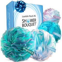 Shower Bouquet front packaging showing four extra-large poufs and color mix, helpful for gifting