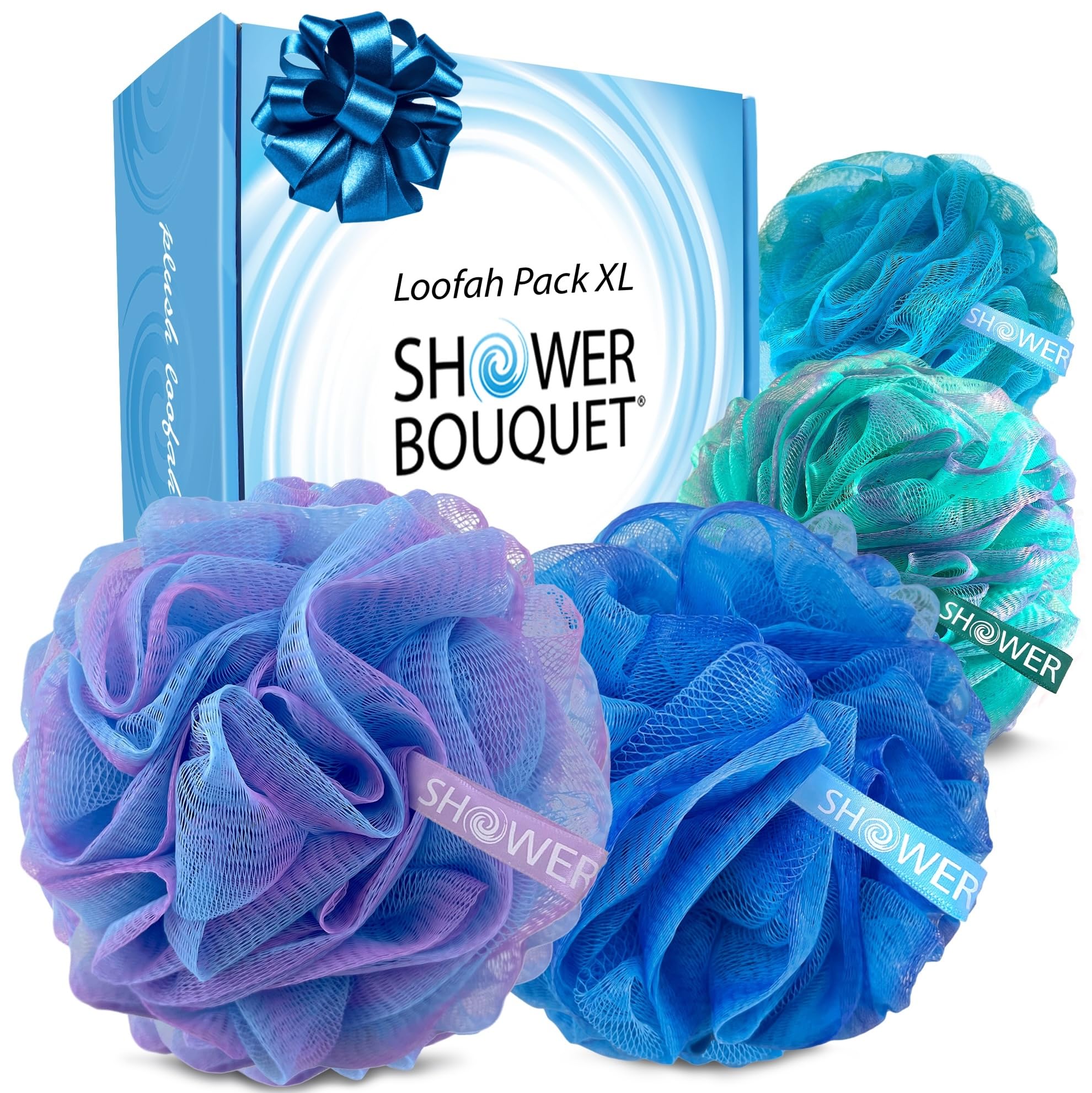 Shower Bouquet front view showing extra-large 75g pouf and swirl design for richer lather