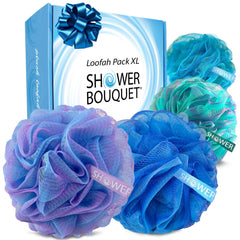 Shower Bouquet front view showing extra-large 75g pouf and swirl design for richer lather