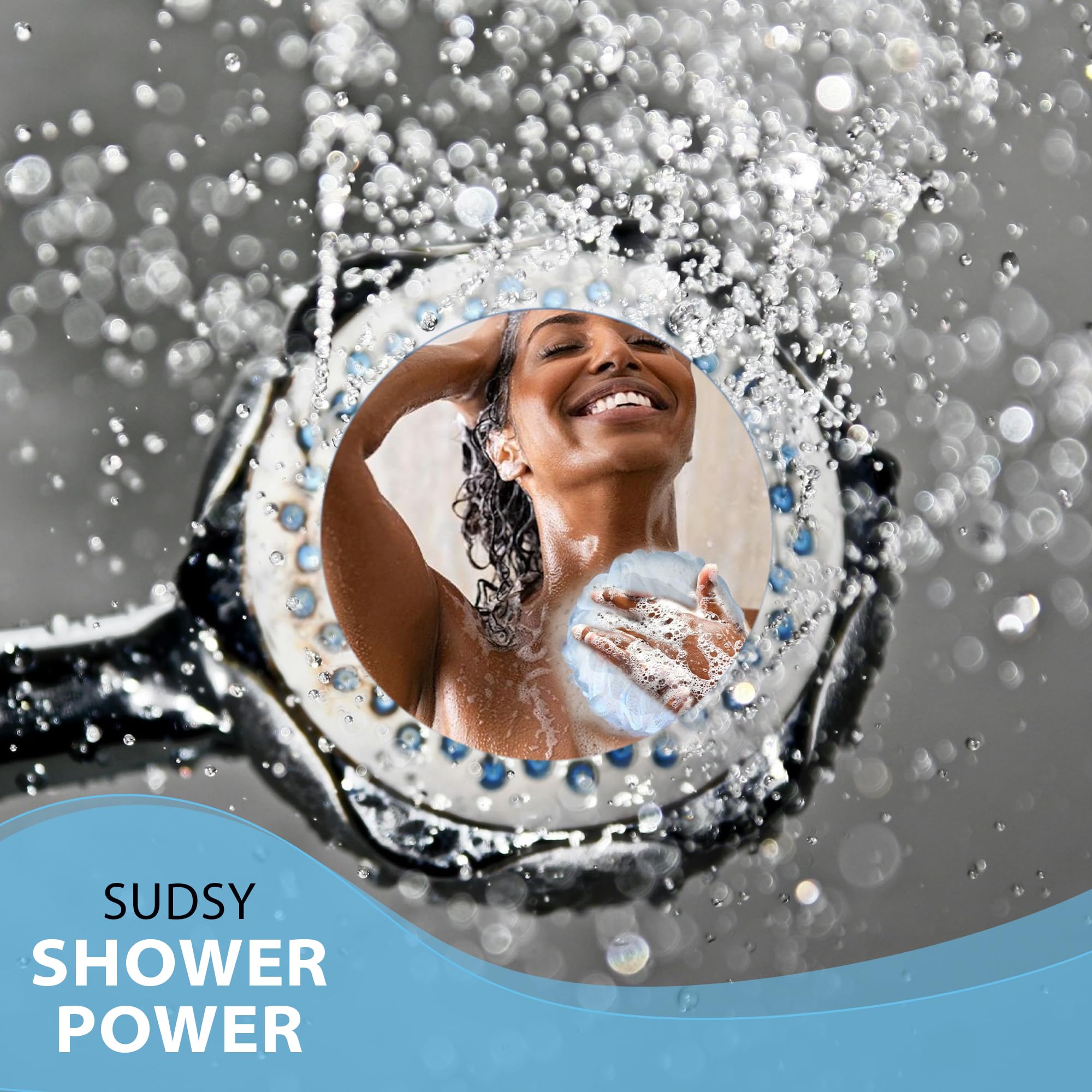 SHOWER BOUQUET loofahs in a shower setting creating foam with body wash, improved lather