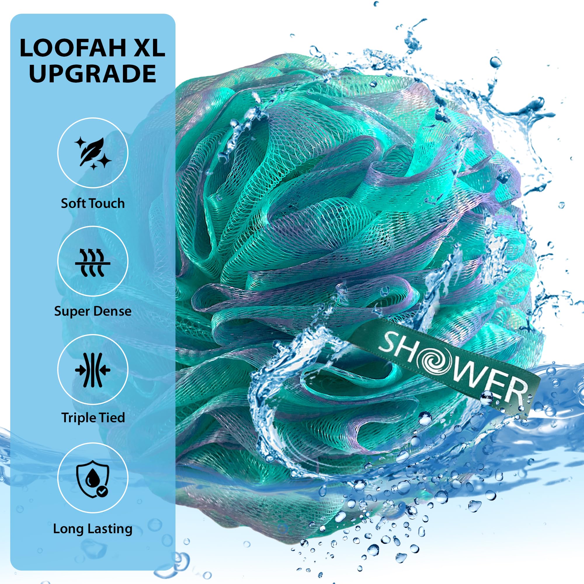Shower Bouquet size comparison in hand showing extra-large 75g pouf for fuller scrub