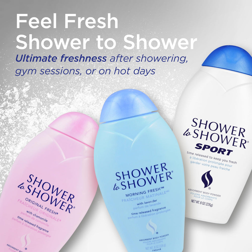 Shower To Shower jar on bathroom counter illustrating everyday freshness routine