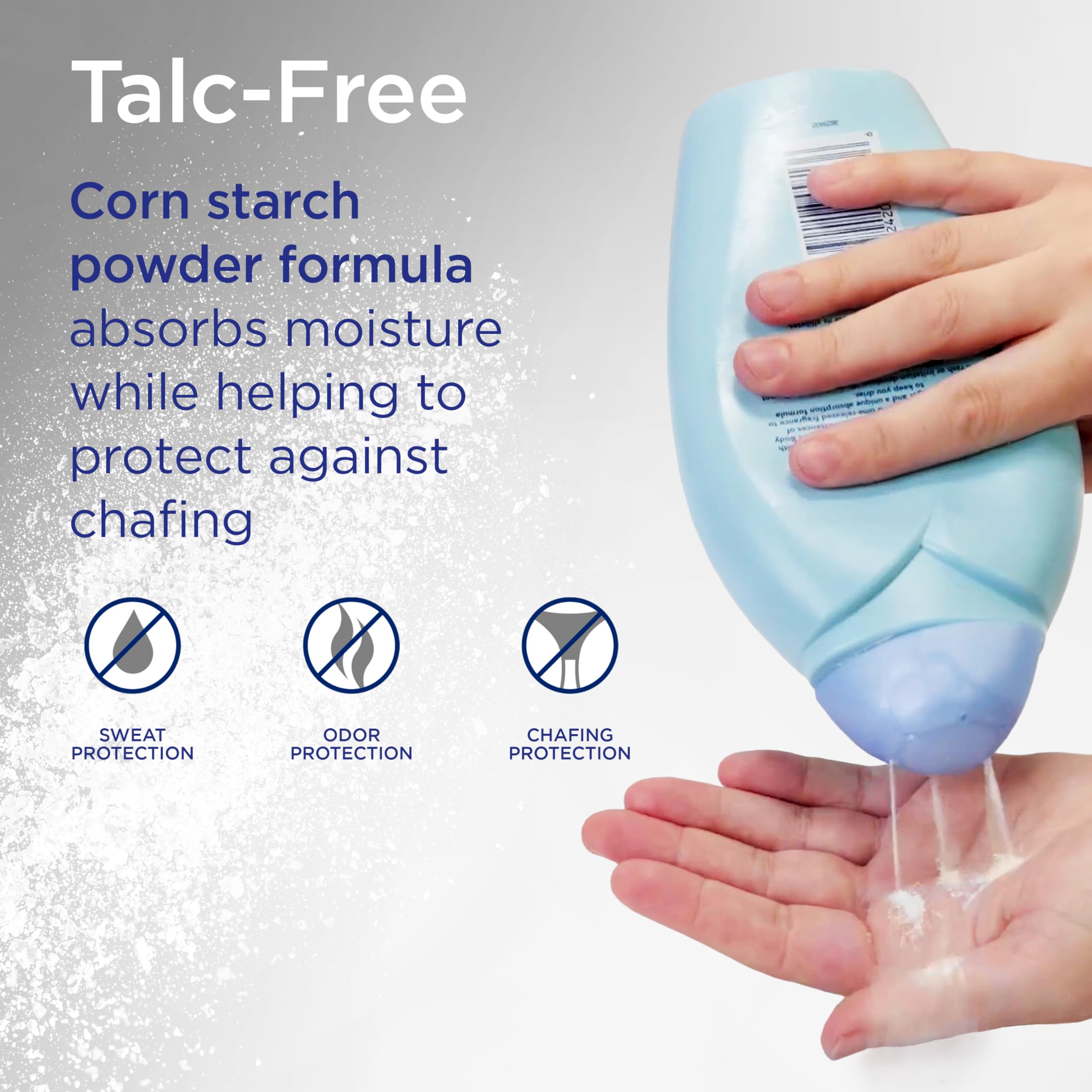 Shower To Shower dusted onto feet demonstrating sweat absorption and odor control