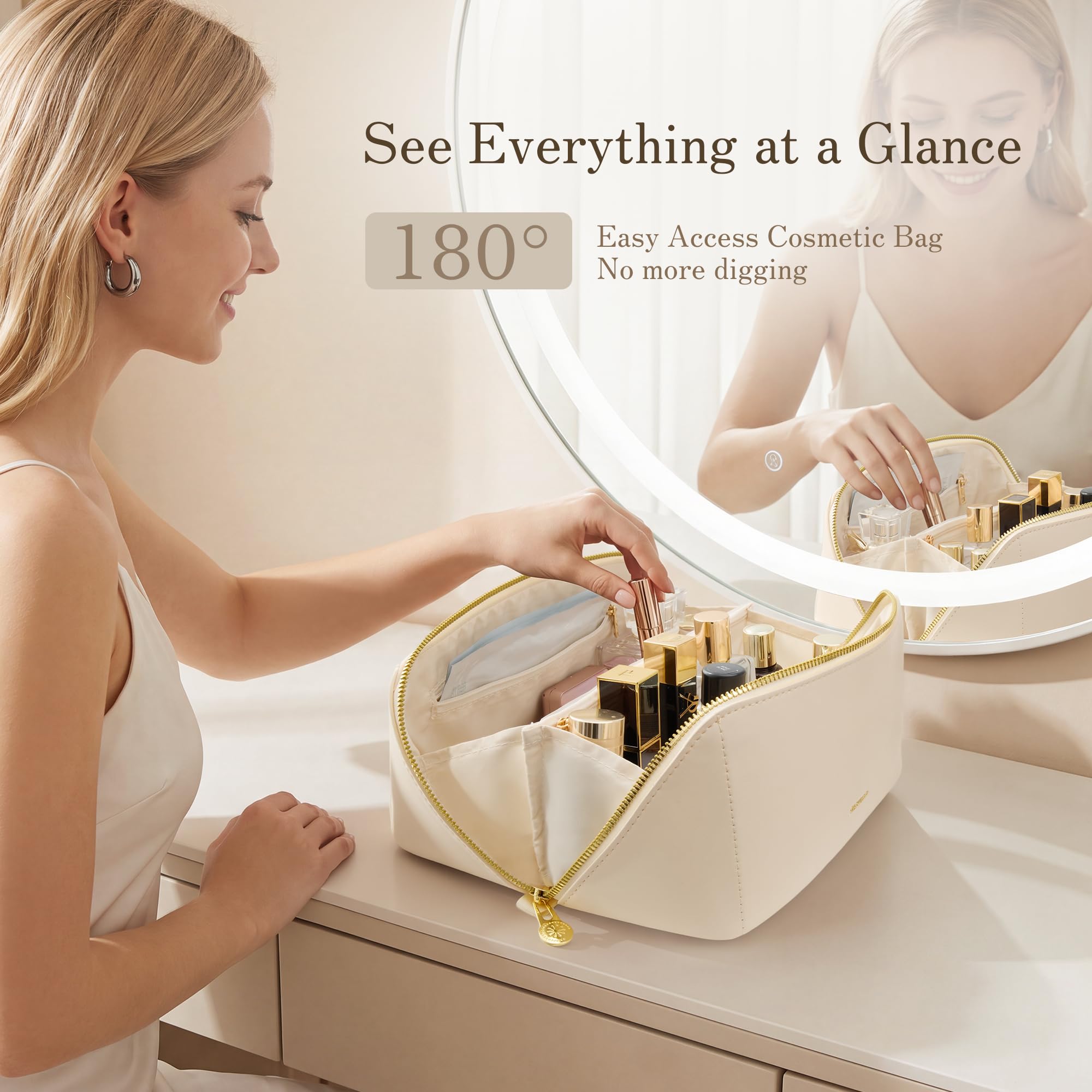SHOWKOO holding full-size bottles and palettes for travel-ready capacity
