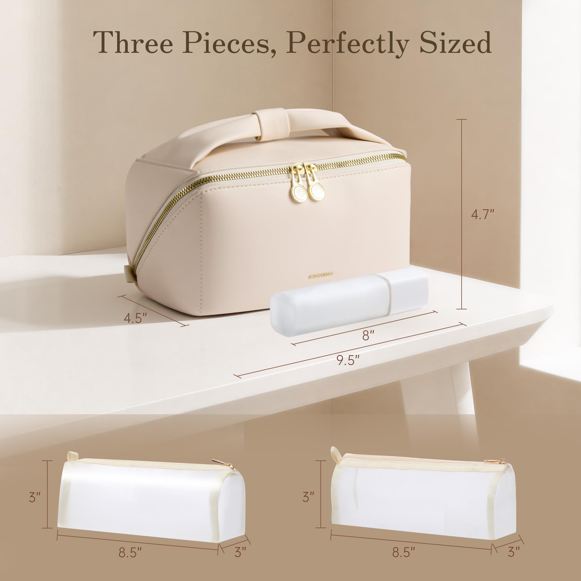 SHOWKOO cosmetic bag on suitcase showing travel convenience benefit