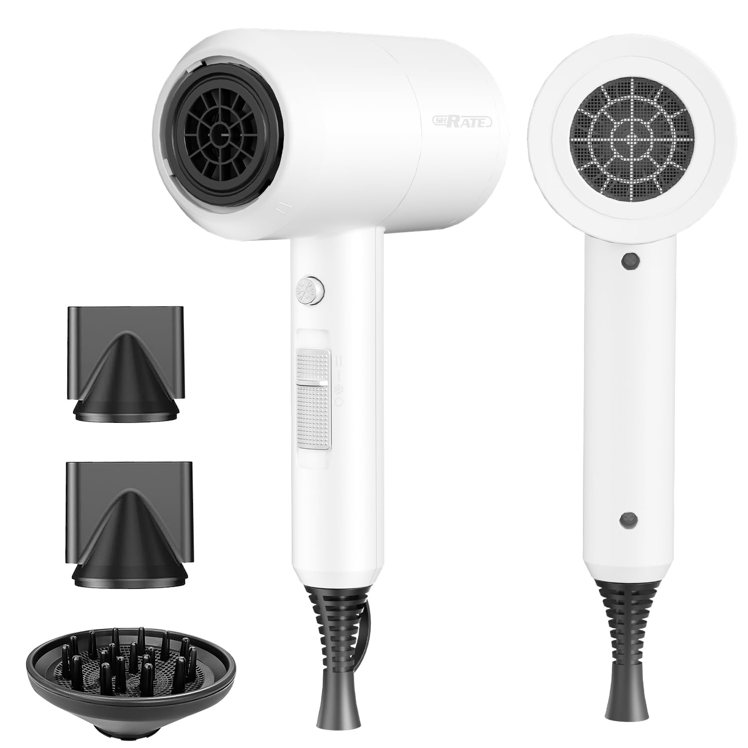 SHRATE hair dryer front view showing attachments and benefits for faster styling