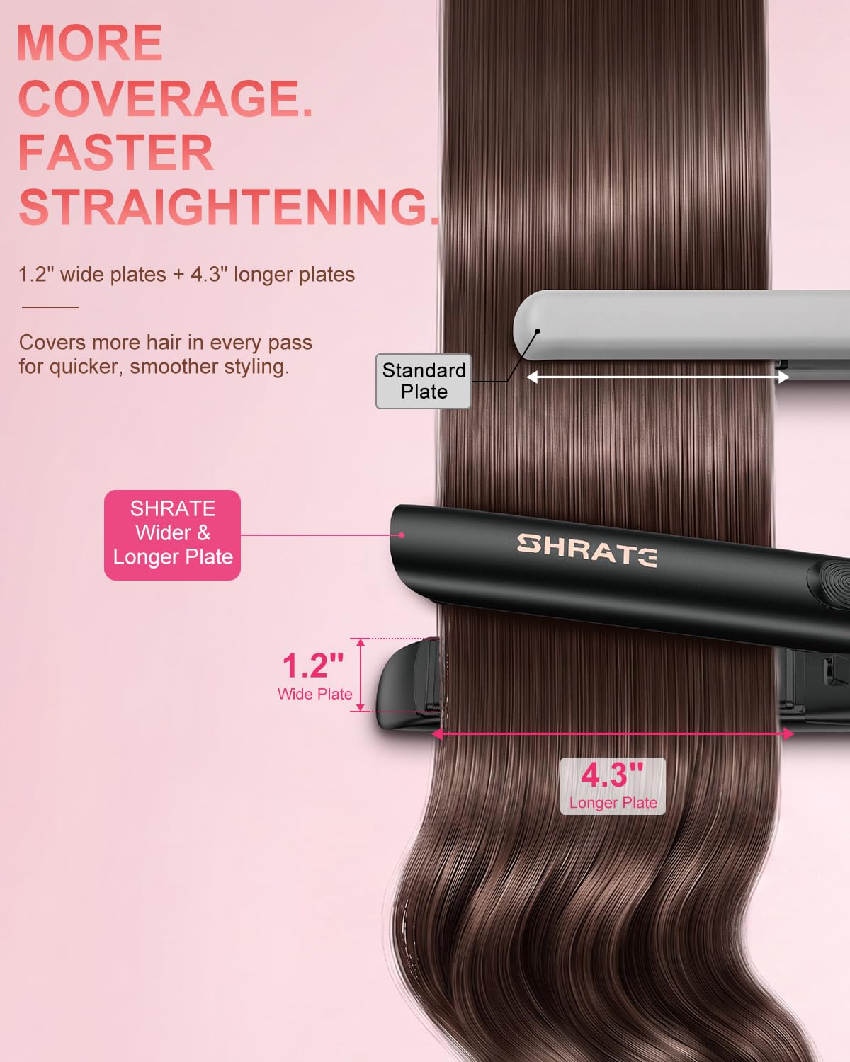 SHRATE styling straightening long hair demonstrating frizz reduction and shine