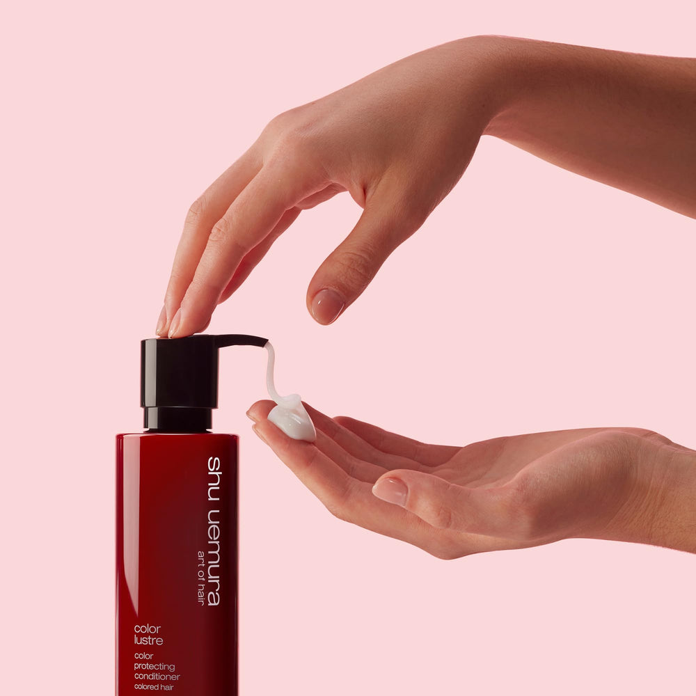 shu uemura art of hair in bathroom setting conveying daily routine and salon-grade care