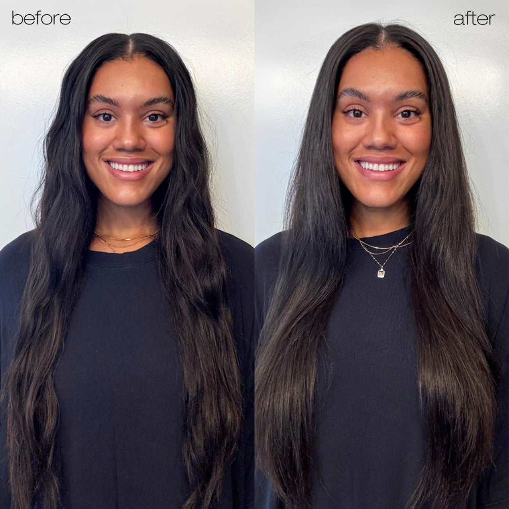 shu uemura art of hair applying oil to mid-lengths demonstrating frizz control and instant softness