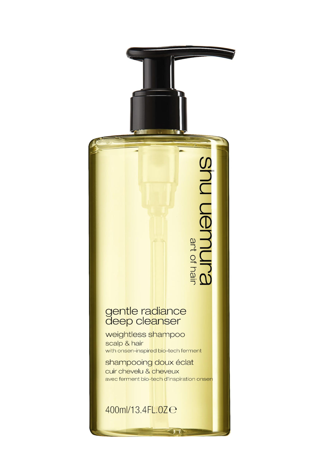shu uemura art of hair front bottle shot showing sleek packaging and product benefit