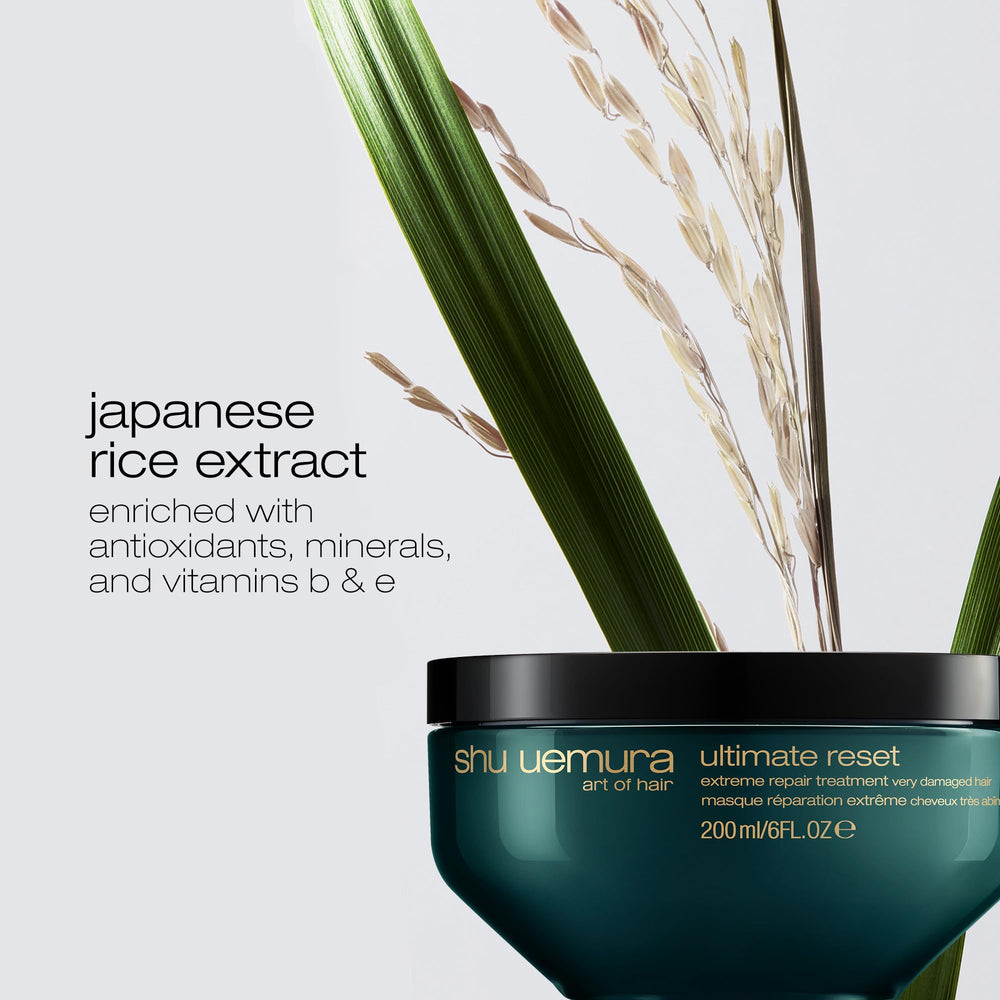 shu uemura art of hair Japanese rice extract close-up, emphasizes nourishing ingredient benefit