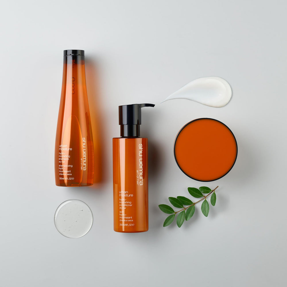 shu uemura art of hair on bathroom shelf in lifestyle scene for daily care routine