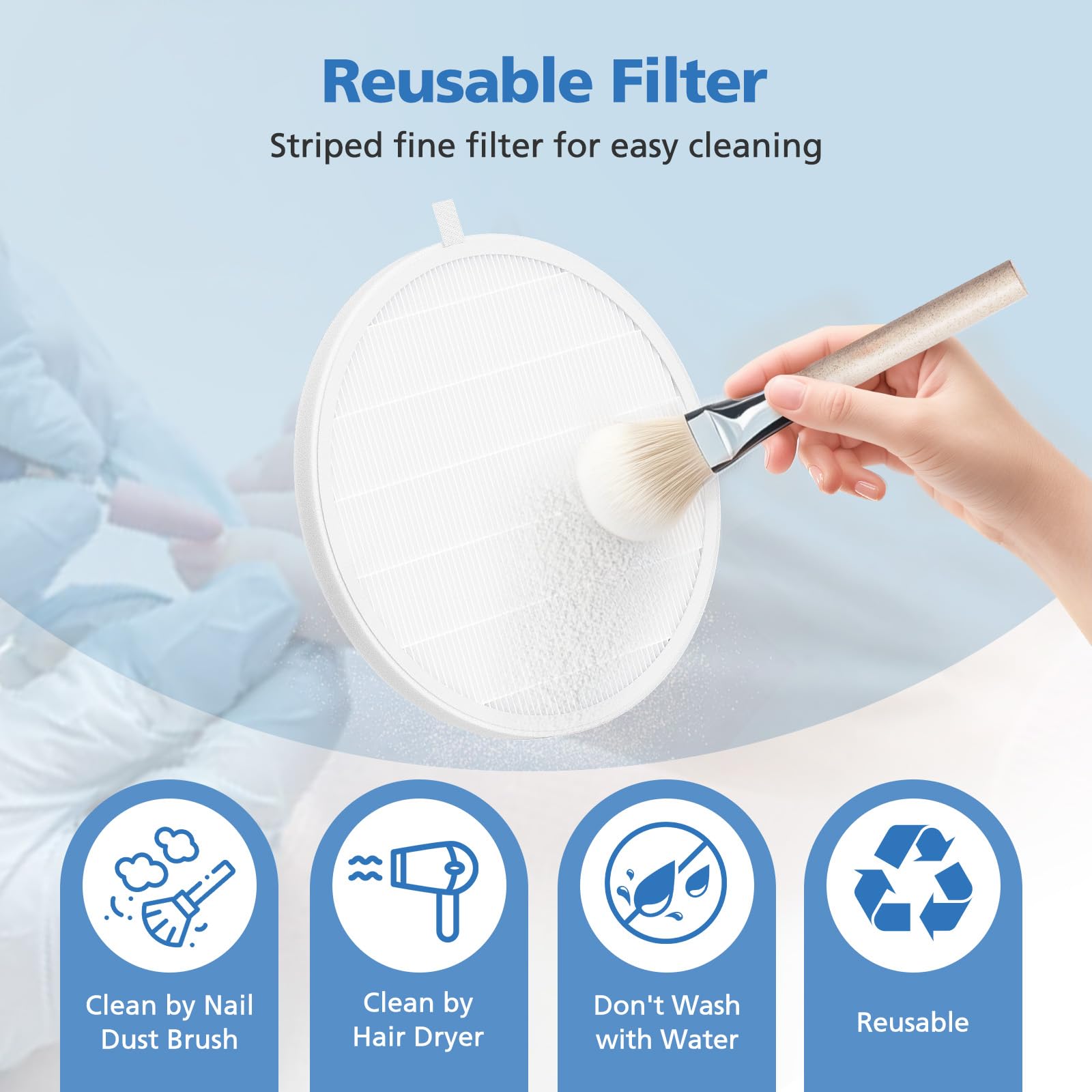 ShufudeJa brush beside filter illustrating easy dry-clean maintenance to extend life