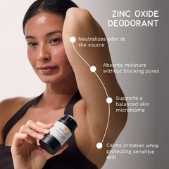 shwally ingredient flatlay with charcoal and zinc showing natural deodorizing components