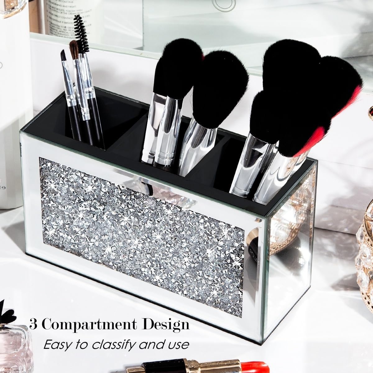 SHYFOY top view of three compartments showing organized brush and pencil storage