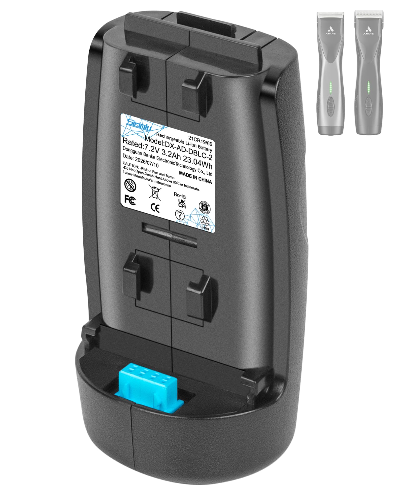 Sicimly front view packaging showing battery and compatibility, improves clipper uptime