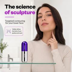 SickScience applying serum under chin, shows targeted tightening benefit