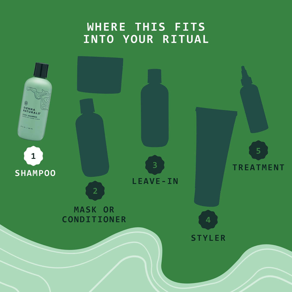 Sienna Naturals HAPI Shampoo label detail emphasizing clean ingredients