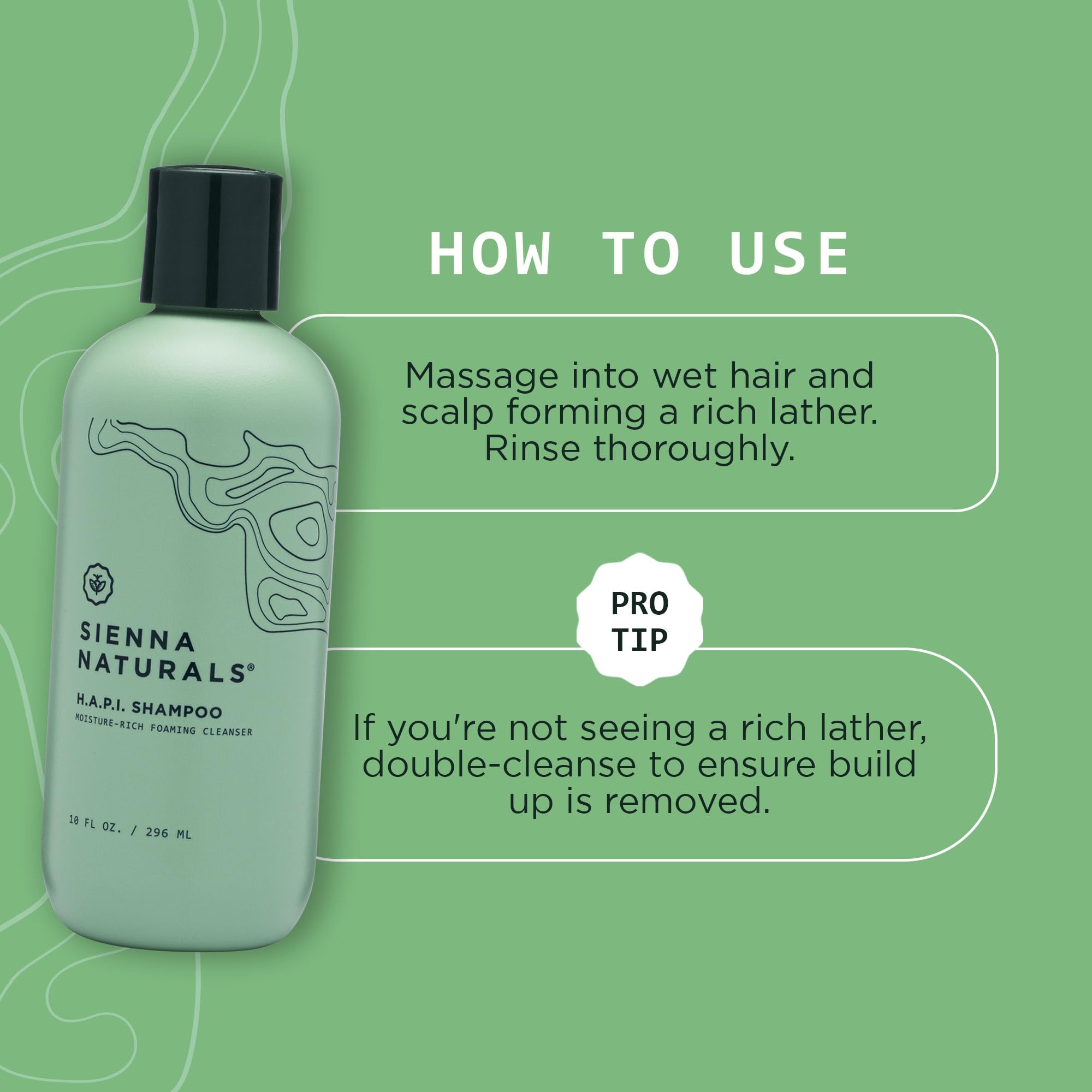 Sienna Naturals HAPI Shampoo creamy lather demonstrating gentle cleanse