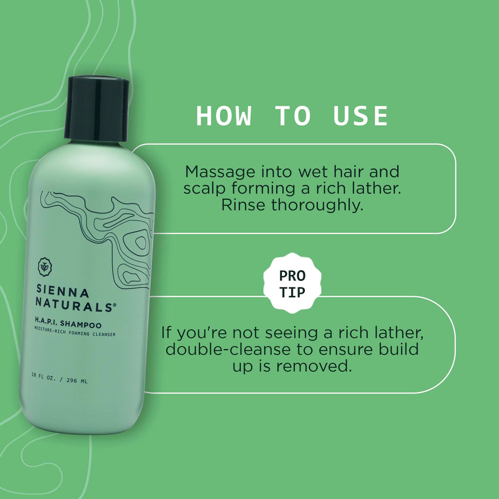 Sienna Naturals HAPI Shampoo creamy lather demonstrating gentle cleanse